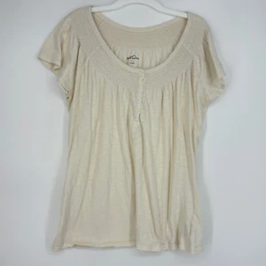 Eddie Bauer Womens Large T-Shirt Natural Off White Smocked Neck Short Sleeves - Picture 1 of 8