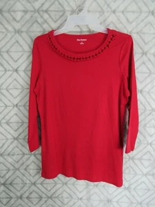 New Kim Rogers Top Size S Red Pull Over Round Beaded Neck Long Sleeve Casual - Picture 1 of 5