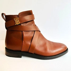 Burberry Monogram Ankle Strap Chelsea Boots Size 39 Caramel Brown Classic - Picture 1 of 11