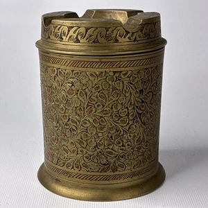 Vintage Etched Brass Ash Tray 4" Canister with Lid India - Picture 1 of 9