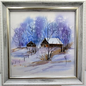 Watercolor Original Painting Abstract Forest winter landscape7x7in framed - Picture 1 of 9
