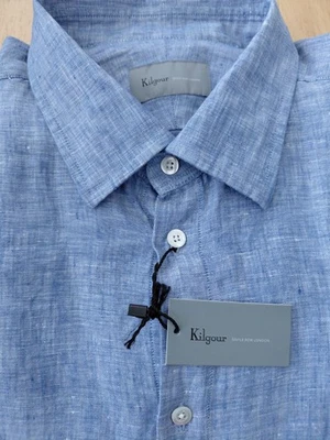 Kilgour 100% linen blue shirt Single Cuffs BNWT. Savile Row. 17 slim fit. - Image 1 of 4
