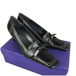 Stuart Weitzman Vtg Black Leather Square Toe Heels Size 9 Bow Tie Butler - Picture 1 of 19