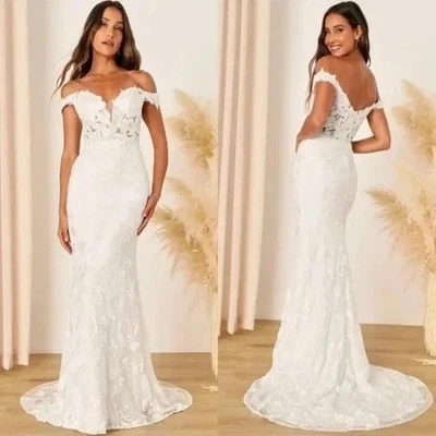 Vestido de novia de sirena con cuello en V de encaje floral blanco Lulus talla 4 Foto 1 de 4