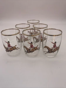 Vintage Shot Glass Tumbler Set Horse And Rider Gold Rim Cocktail Bar Retro 1960s - Picture 1 of 7
