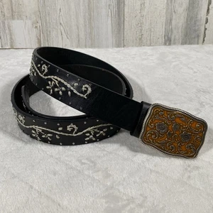 Women's Plus Sz 2XL Black Leather Handmade Belt Western Studded Floral Boho - Picture 1 of 12