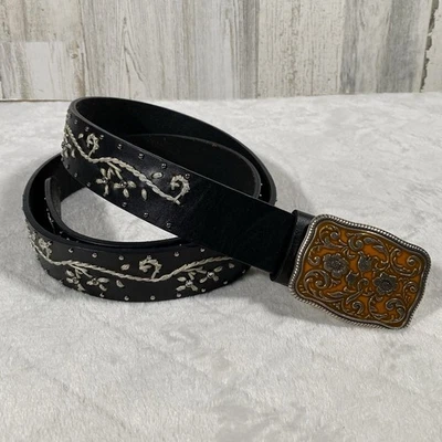 Women's Plus Sz 2XL Black Leather Handmade Belt Western Studded Floral Boho - Image 1 of 4