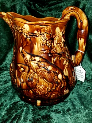 E & W Bennett Baltimore MD Bennington Glaze HUNT HOUND HANDLE PITCHER 9" - Image 1 of 4