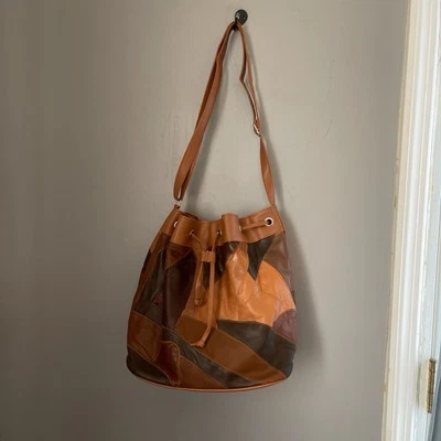 Orange and brown patchwork leather bucket bag leather #patchwork - Image 1 of 4