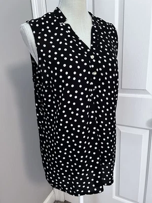 ANNE KLEIN ~ СРЕДНИЙ ~ ЧЕРНЫЙ И БЕЛЫЙ ГОРОШЕК БЕЗ РУКАВОВ ТУНИКА ПУЛОВЕР БЛУЗКА ~ M - Изображение 1 из 4