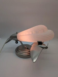 Lowes 2008 Airplane Table Lamp Frosted Glass Chrome Retro Aviation Desk Art Deco - Picture 1 of 14
