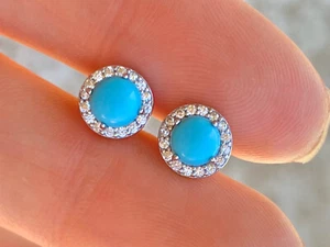 Sterling Silver 925 Turquoise Halo Stud Earrings With Swarovski Elements 7.6mm - Picture 1 of 9