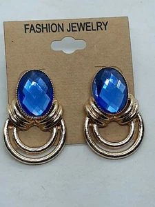 Gold Tone Blue Faceted Crystal Post Earrings Door Knocker - Picture 1 of 3