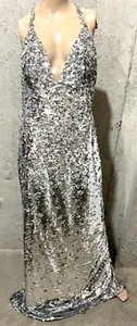 Carolina Herrera Sequin Embroidered Silver Bow Back Long Gown Maxi Dress US 8 - Picture 1 of 7