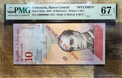 2018 Venezuela 10 Bolivares SPECIMEN P-103as PMG 67 EPQ *MUESTRA SIN VALOR* - Image 1 of 3
