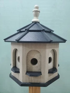 Med Amish Gazebo Birdhouse Post Mount Handcrafted Birchwood  & Black Roof - Picture 1 of 1