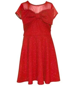 NEW Bonnie Jean Girls Size 7 "RED SPARKLE SCUBA" Bow Front Skater Dress NWT - Picture 1 of 4