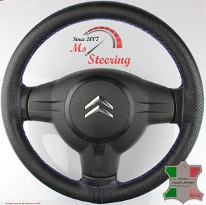 FOR CITROEN C1 05-12 BLACK PERF LEATHER STEERING WHEEL COVER NAVY BLUE DBL STIT - Picture 1 of 8