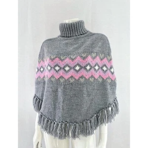 Poncho de punto con cuello alto, capa gris rosa Fair Isle, chal de invierno con flecos - Imagen 1 de 8