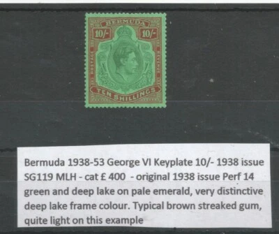 BERMUDA SG119 1938  GVI 10/- GREEN&DEEP LAKE/pale emerald FRESH LMM CAT  £400 - Image 1 of 2