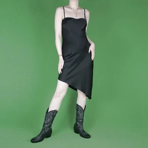 FOREVER 21 Satin Black 2000s Y2K Strappy Spaghetti Asymmetric Cami Dress S 10 - Picture 1 of 14