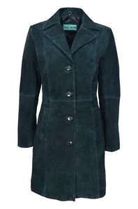 Abrigo TRENCH Clásico Azul Marino Gamuza Hasta la Rodilla Chaqueta de Cuero Suave Real para Damas 3457 - Imagen 1 de 7
