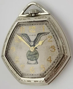 elgin 14k white gold filled manheimer hexagonal case majestic eagle pocket watch - Picture 1 of 12