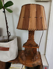 Vintage Hand-Carved Wood Table Lamp Fireplace Scene Folk Art Canada Lodge Rustic