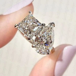 Princess & Pear Cut Moissanite Toi Et Moi Engagement Ring 14k White Gold Plated - Picture 1 of 7