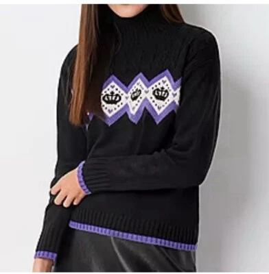 Suéter JUICY Couture Argyle Tejido con Cable Negro Recorte Grande Y2K Corona Púrpura Simulación Foto 1 de 4