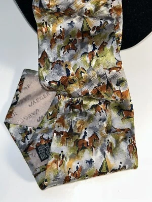Vintage Jaeger Made in Great Britain Silk Polo Scene Brown and Blue Necktie Foto 1 de 4