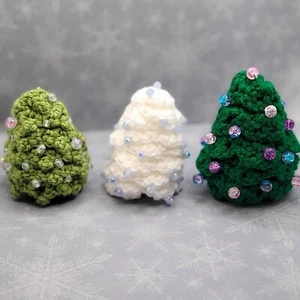 Beaded Christmas Tree Decorations - Set of 3 - Palm Size- Purple & Blue Beads - Picture 1 of 8