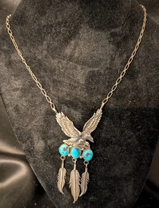 Vintage Navajo Sterling Eagle Pendant Necklace Turquoise 3 Stones & 3 Feathers - Picture 1 of 5