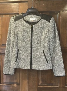 Calvin Klein Faux Leather Career Black White Tweed Blazer Size 12 Jacket - Picture 1 of 5