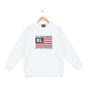 Vintage Ralph Lauren Flag Sweatshirt Womens Size S White 90s Pullover Crew Neck - Picture 1 of 15