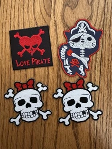 Lot of 4 Pirate Skull Iron-on Patches - Love Pirate, Skeleton Cat, Bow Skulls - Picture 1 of 7