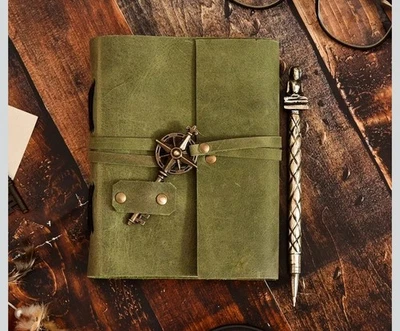 Vintage Green Leather Journal Diary with Key Lock Handmade Deckle Edge Paper... - Image 1 of 4