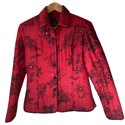 Chaqueta Anne Carson Vintage Roja Acolchada Seda Negra Floral Estrás Oficina M Foto 1 de 4