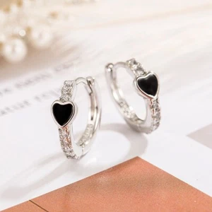 925 Sterling Silver Heart CZ Gem Circle Hoop Huggie Earrings Women Girl Gift UK - Picture 1 of 7
