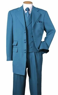 New Men's High Fashion Zoot Suit With Vest Two Side Vents 35" Length Turquoise  - Image 1 of 2