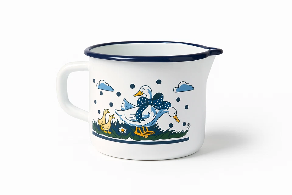 Milchtopf GÄNSEGLÜCK 1,5 Liter mit Ausguss und Skala, Emaille weiß mit Blumen - Bild 1 von 1