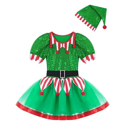 Kids Girls Elf Christmas Costumes Dress Up Outfits Xmas Mesh Tutu Dress with Hat - Image 1 of 3