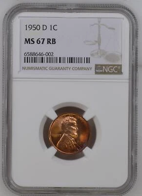 1950 D Small Cents Lincoln, Wheat Ears Reverse NGC MS-67 RB - Image 1 of 2