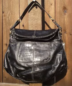MAXX NY BLACK CROCODILE EMBOSSED GENUINE LEATHER GOLD STUD HANDBAG 16X13 NEW - Picture 1 of 7