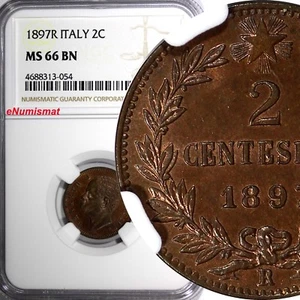 ITALY Umberto I Copper 1897 R 2 Centesimi NGC MS66 BN TOP GRADED KM# 30 (054) - Picture 1 of 4