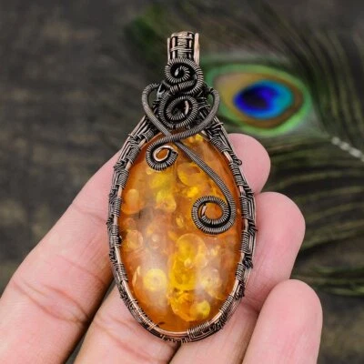 Colgante de joyería envolvente de alambre de cobre con piedras preciosas de ámbar báltico 2,96 regalo para ella O621 Foto 1 de 4