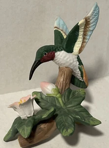 Estatuilla cerámica porcelana colibrí y flor garganta rubí - Imagen 1 de 12