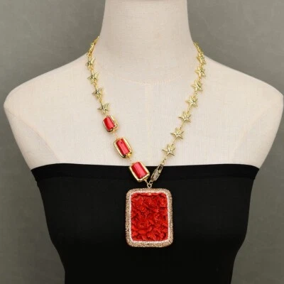 Collar de cadena de moda con rama de coral rojo natural de 21" colgante de flor de cinabrio rojo Foto 1 de 4