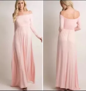 PinkBlush Solid Pink Off Shoulder Long Sleeve Maternity Photoshoot Maxi Dress M - Picture 1 of 5