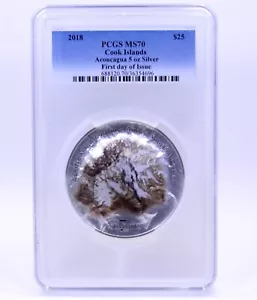 2018 Isole Cook Aconcagua: 7 Summits Series 5 oz moneta d'argento MS 70 PCGS FDOI - Foto 1 di 7